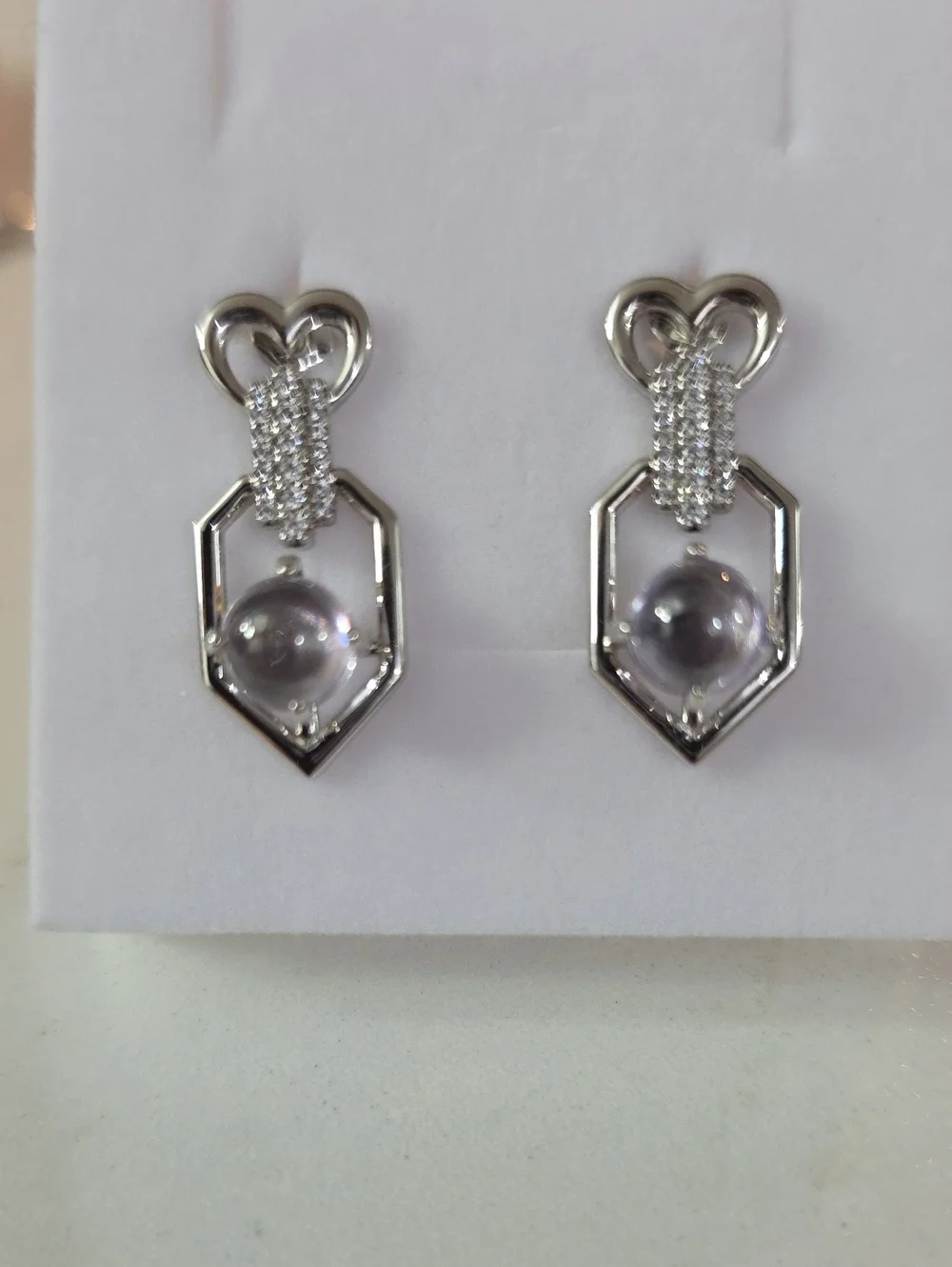 Silver-Tone Crystal Drop Earrings with Lavender Glass Orbs